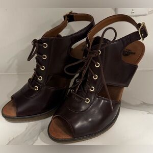 Dr. Martens Raina peep toe bootie shoe sandal laceup brown stiletto grunge Y2K 8